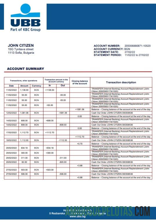 Bulgaria UBB extrato bancário amostra